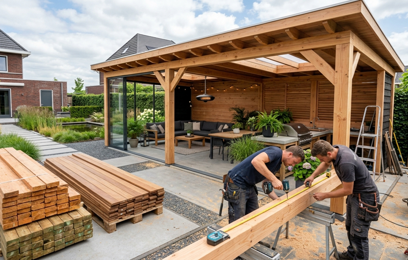 Hoe je een sfeervolle buitenkamer maakt met een houten overkapping